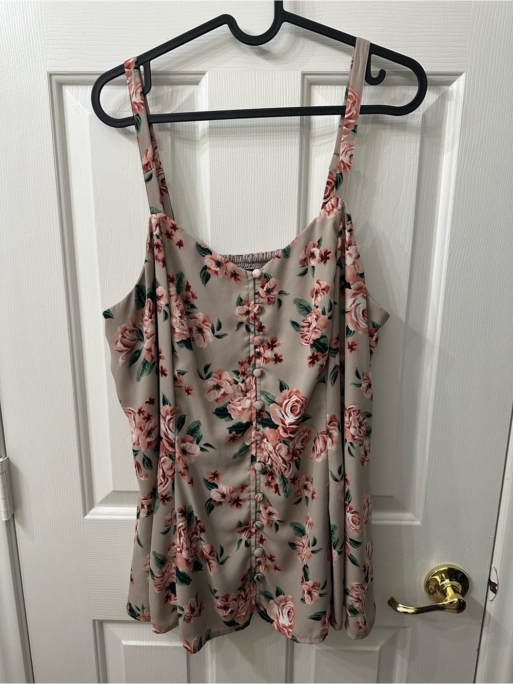 Torrid Top Tan Pink Floral Rose Faux Button-Front Spaghetti Straps 1X